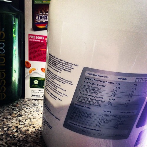 Placeholder image — scoop of protein powder beside a shaker bottle
